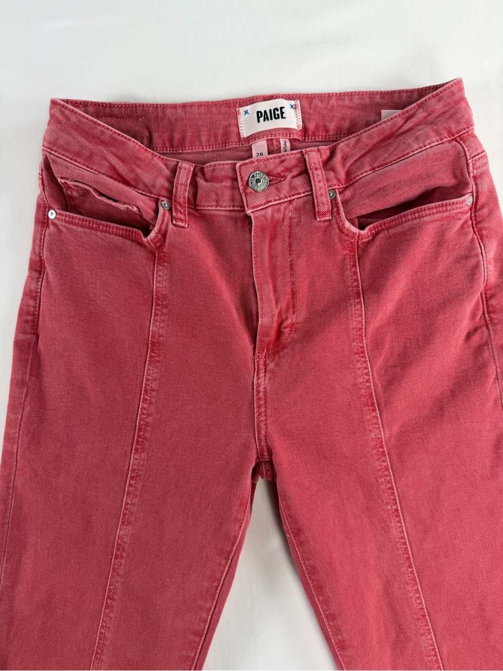 PAIGE High-Rise Cindy  Jeans in Dusty Rose Red - Raw Hem -EUC size 28